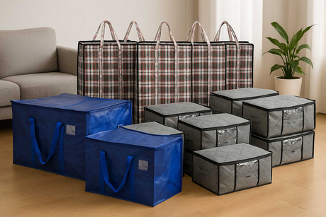 Sacs de rangement et déménagement solides avec poignées – parfaits pour linge, vêtements, objets volumineux.