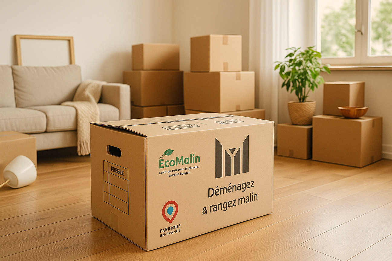 Produits ÉcoMalin pour déménagement – kits écoresponsables avec cartons recyclés, adhésifs, calage et accessoires pratiques, durables et économiques