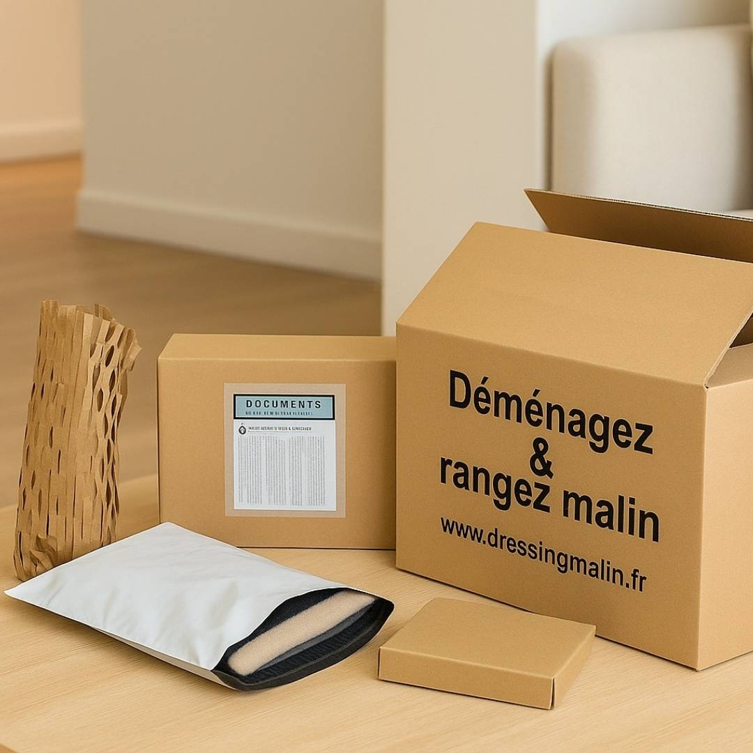 Matériel d’emballage disposé sur un bureau : pochette plastique d’expédition, pochette adhésive porte-documents, carton de déménagement, tapis de calage en carton – solutions pratiques et écoresponsables pour l’envoi de colis.