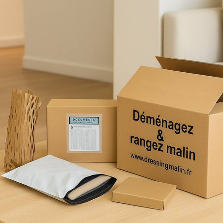Matériel d’emballage disposé sur un bureau : pochette plastique d’expédition, pochette adhésive porte-documents, carton de déménagement, tapis de calage en carton – solutions pratiques et écoresponsables pour l’envoi de colis.