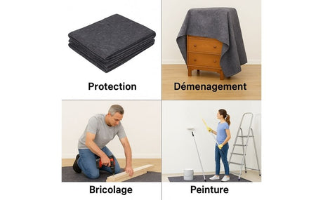 Visuel d’une couverture de déménagement utilisée pour protéger un canapé, un meuble, un sol lors de travaux, et un mur pendant des travaux de peinture – multi-usages, 200x150 cm, 300 g/m², réutilisable.