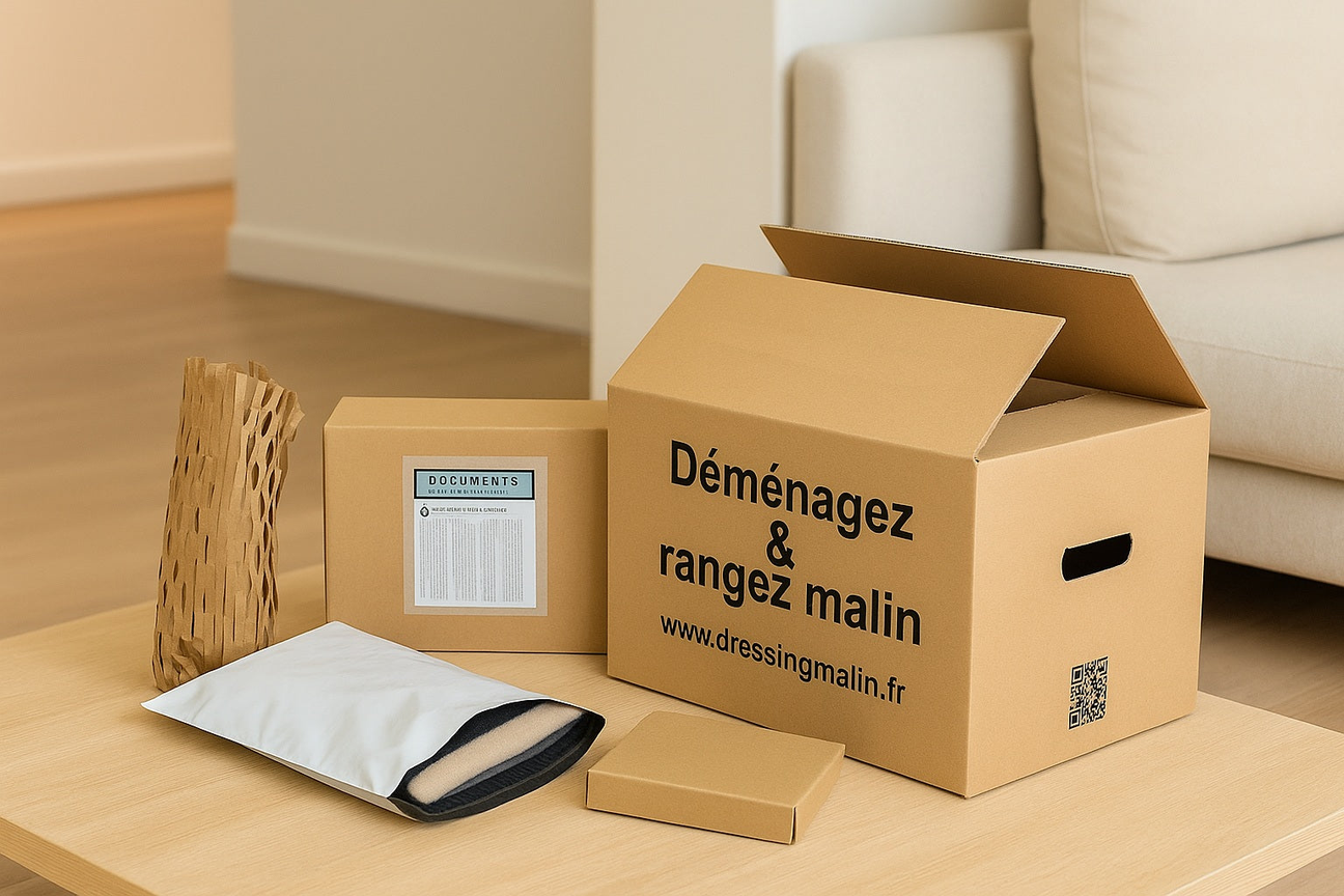 Matériel d’emballage disposé sur un bureau : pochette plastique d’expédition, pochette adhésive porte-documents, carton de déménagement, tapis de calage en carton – solutions pratiques et écoresponsables pour l’envoi de colis.