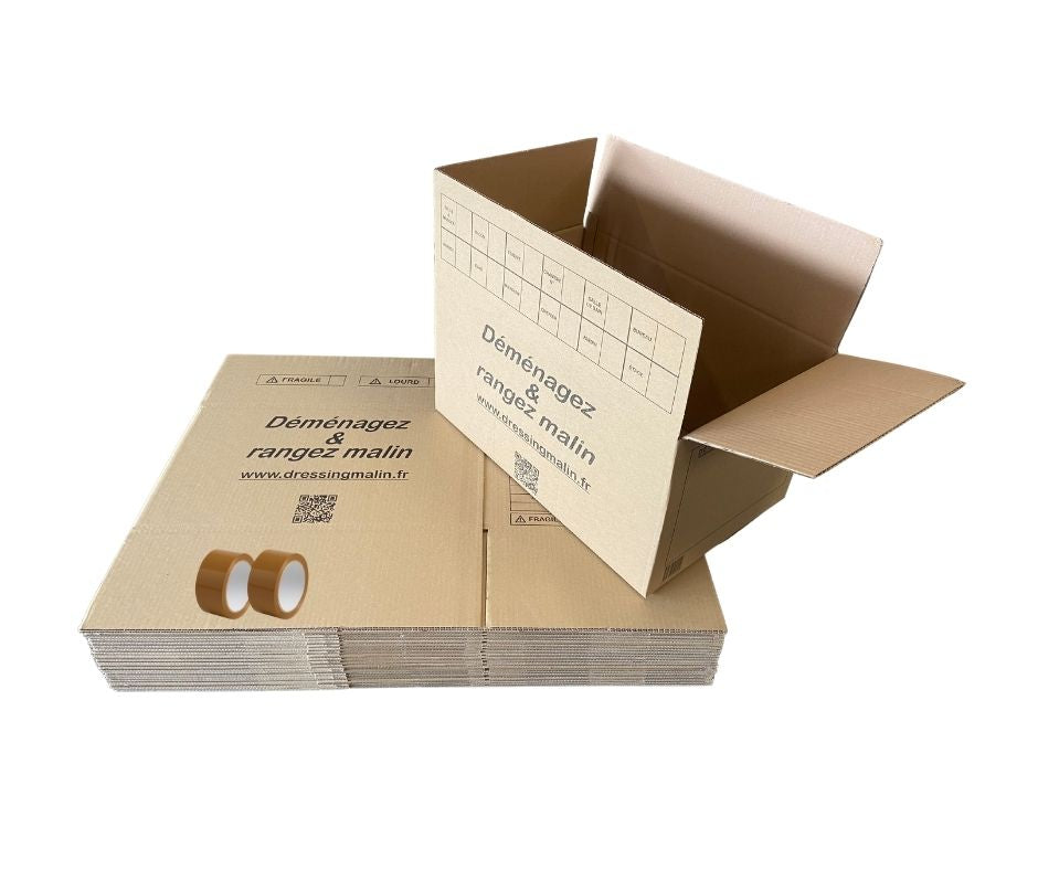Lot de 40 cartons standard 55x35x30 cm - 57L + 2 rouleaux adhésif 68 m