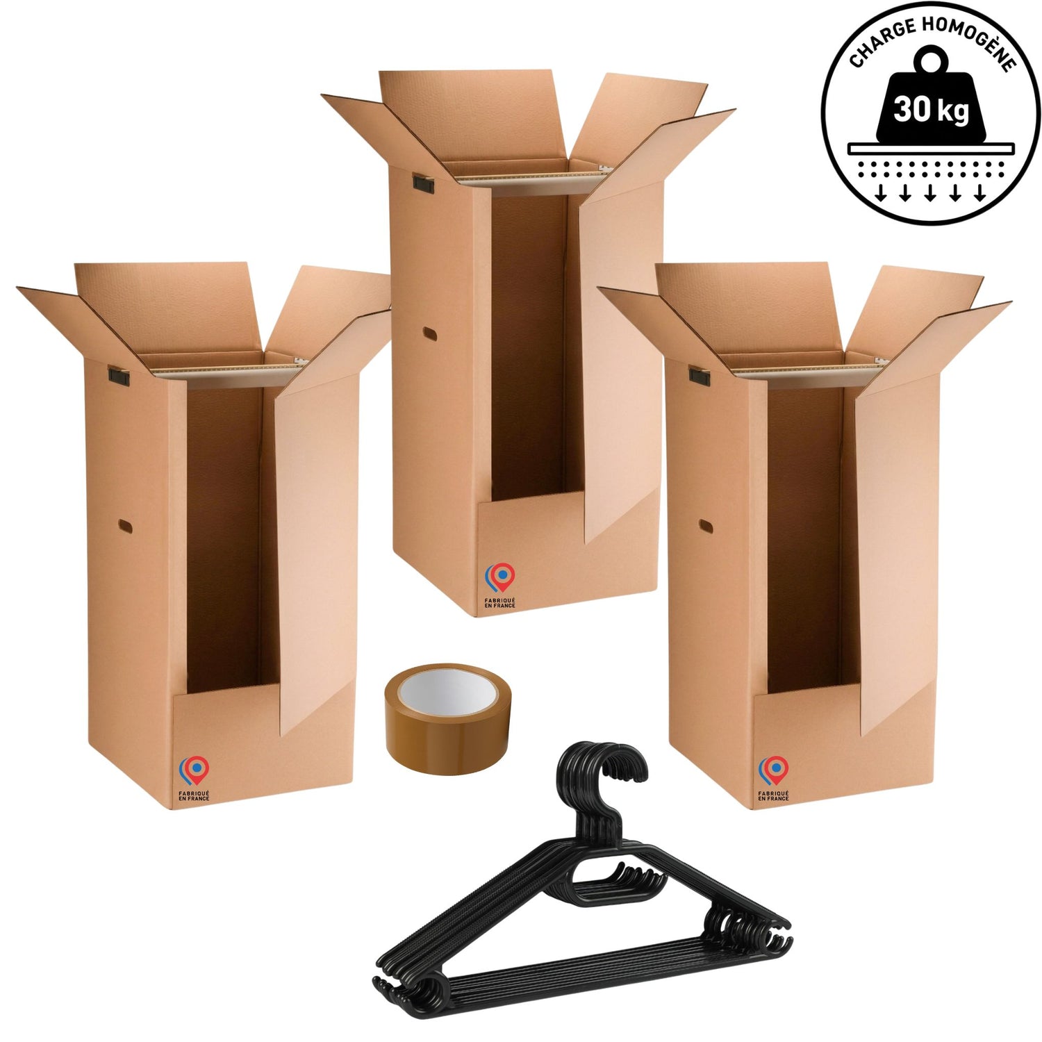 Lot de 3 Cartons Penderie 50x50x100 cm avec Tringles 2 eme choix – Fabriqués en France + 1 Rouleau Adhésif & 10 Cintres Offerts | Déménagement Vêtements, Rangement, Robuste (Copie)