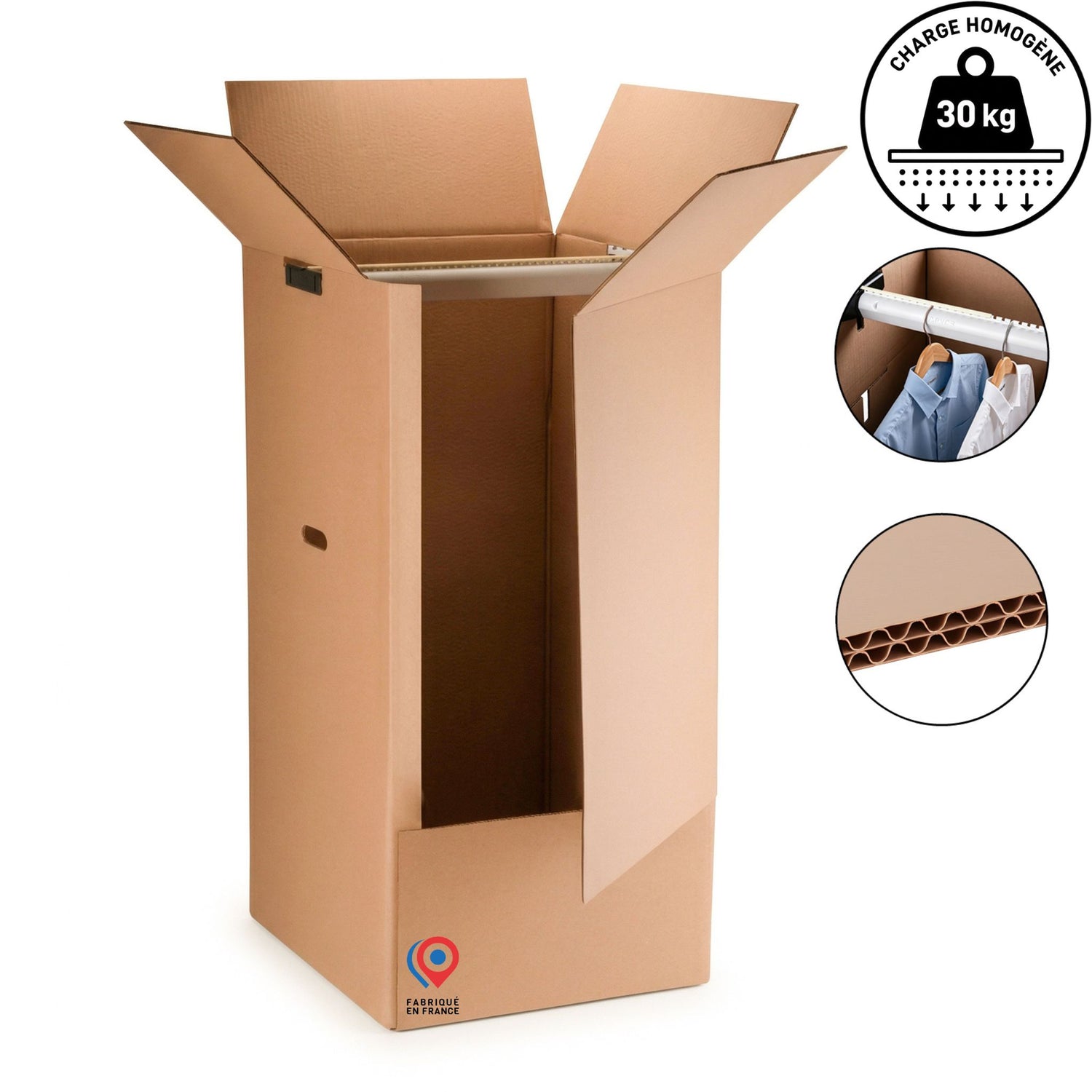 Carton Penderie double cannelure 50x50x100 cm – 250 L avec tringle plastique