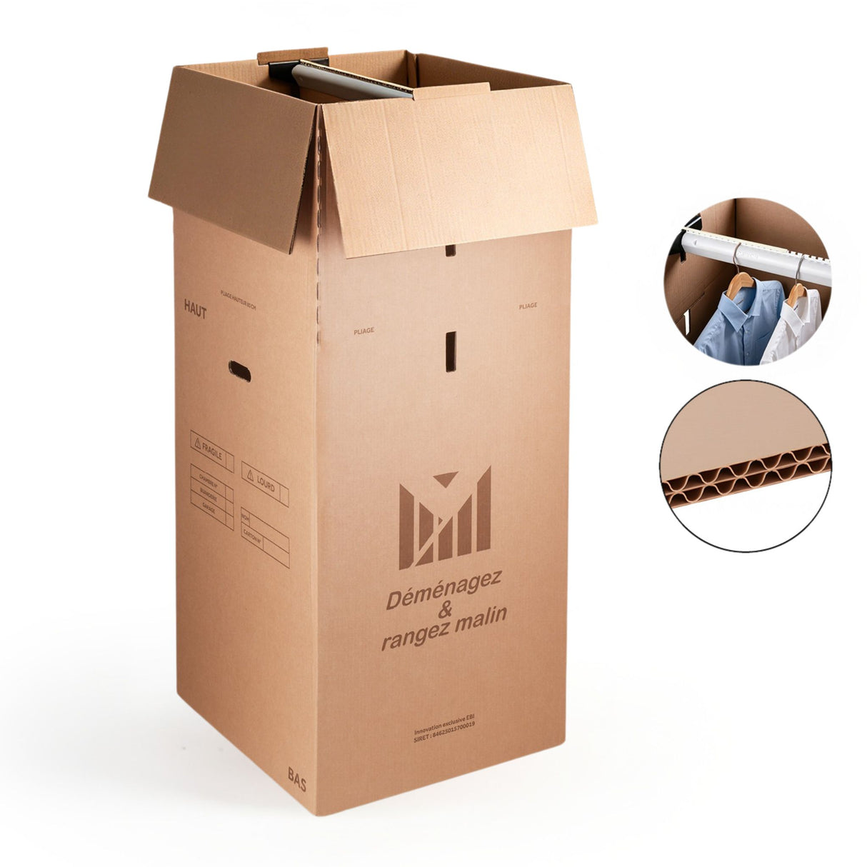 Lot de 3 cartons Penderie double cannelure Modulable 50x50x120 cm – 300L avec tringle + 6 brosses adhésives + 1 rouleau adhésif
