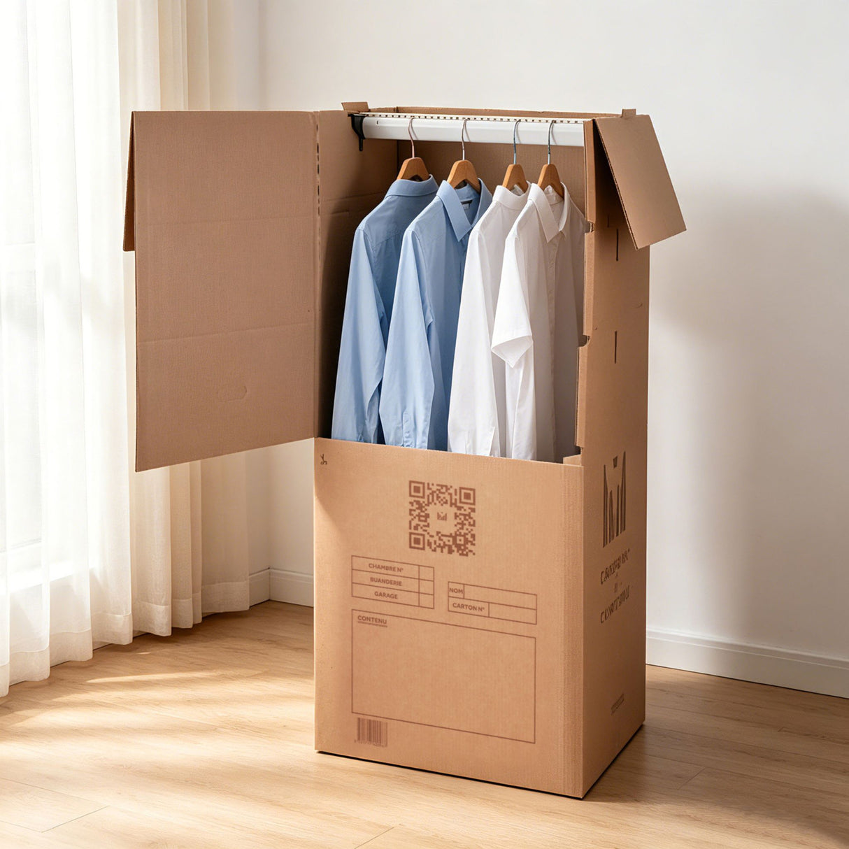 Lot de 3 cartons Penderie double cannelure Modulable 50x50x120 cm – 300L avec tringle + 6 brosses adhésives + 1 rouleau adhésif