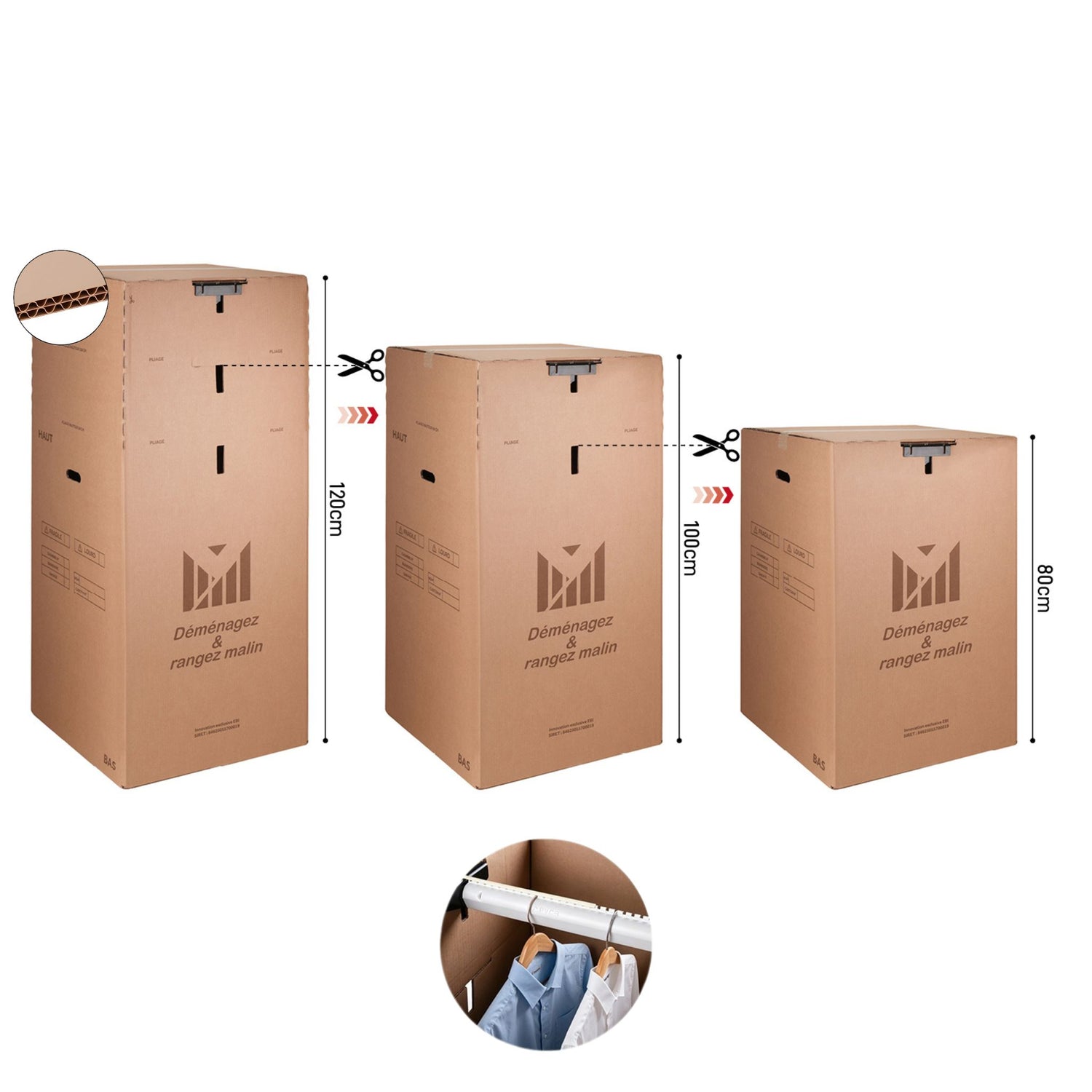 Lot de 3 cartons Penderie double cannelure Modulable 50x50x120 cm – 300L avec tringle + 6 brosses adhésives + 1 rouleau adhésif