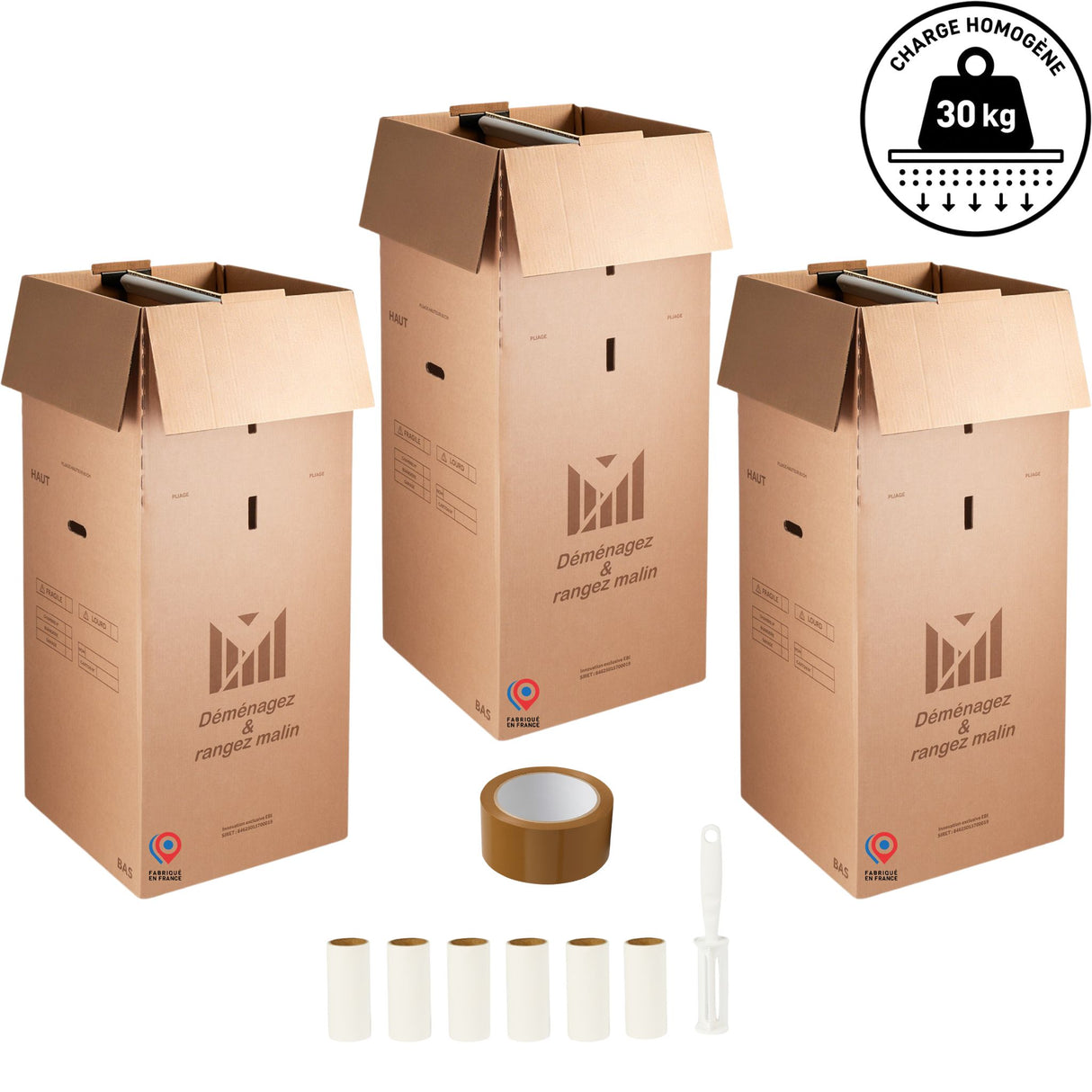 Lot de 3 cartons Penderie double cannelure Modulable 50x50x120 cm – 300L avec tringle + 6 brosses adhésives + 1 rouleau adhésif
