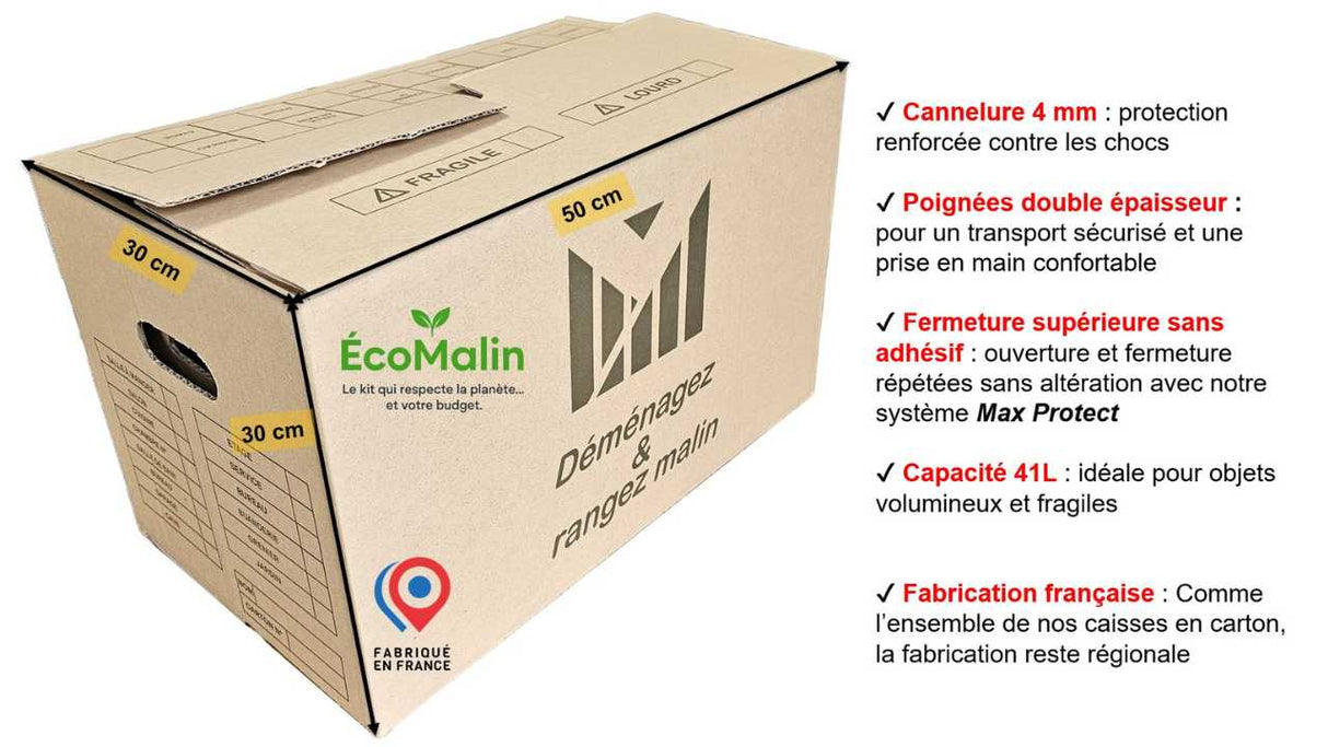 Carton 50×30×30 cm – 41L avec poignées et fermeture sans scotch. Robuste, pratique et recyclable.