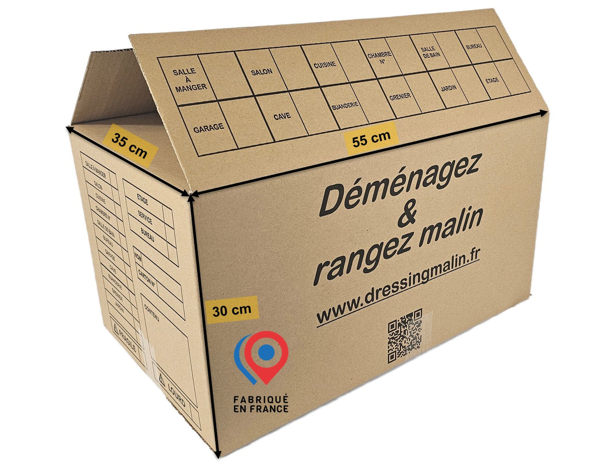 Carton de déménagement standard 55x35x30 cm, capacité 57L, simple cannelure, fabriqué en France. Idéal pour emballer, stocker et transporter vos affaires.