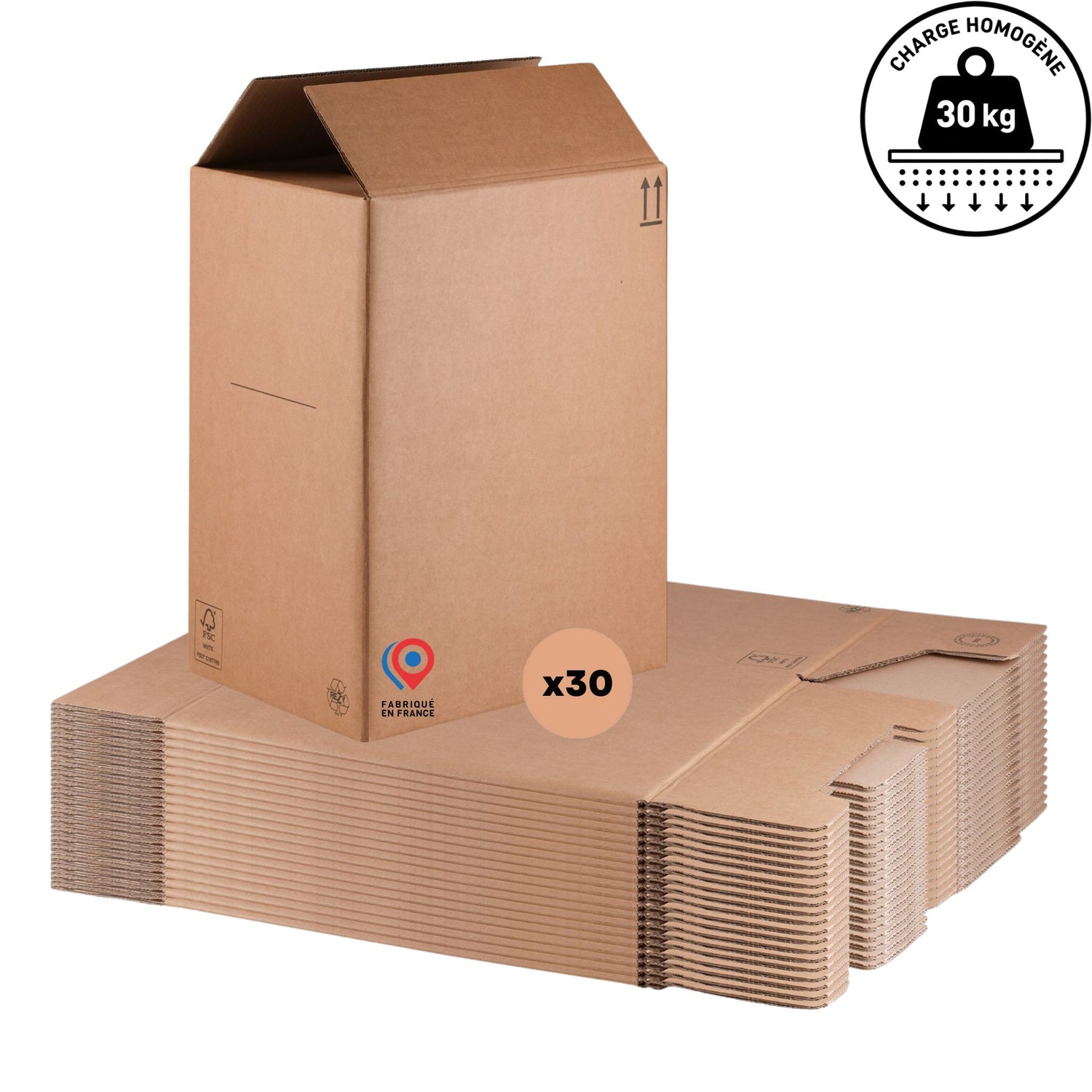 Lot de 30 cartons double cannelure 39×29×51 cm – 52L - fond semi automatique