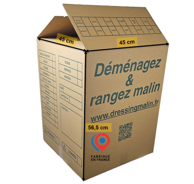Carton grand volume 114L, dimensions 45x45x56,5 cm, double cannelure, robuste et fabriqué en France, idéal pour le déménagement et le stockage sécurisé.