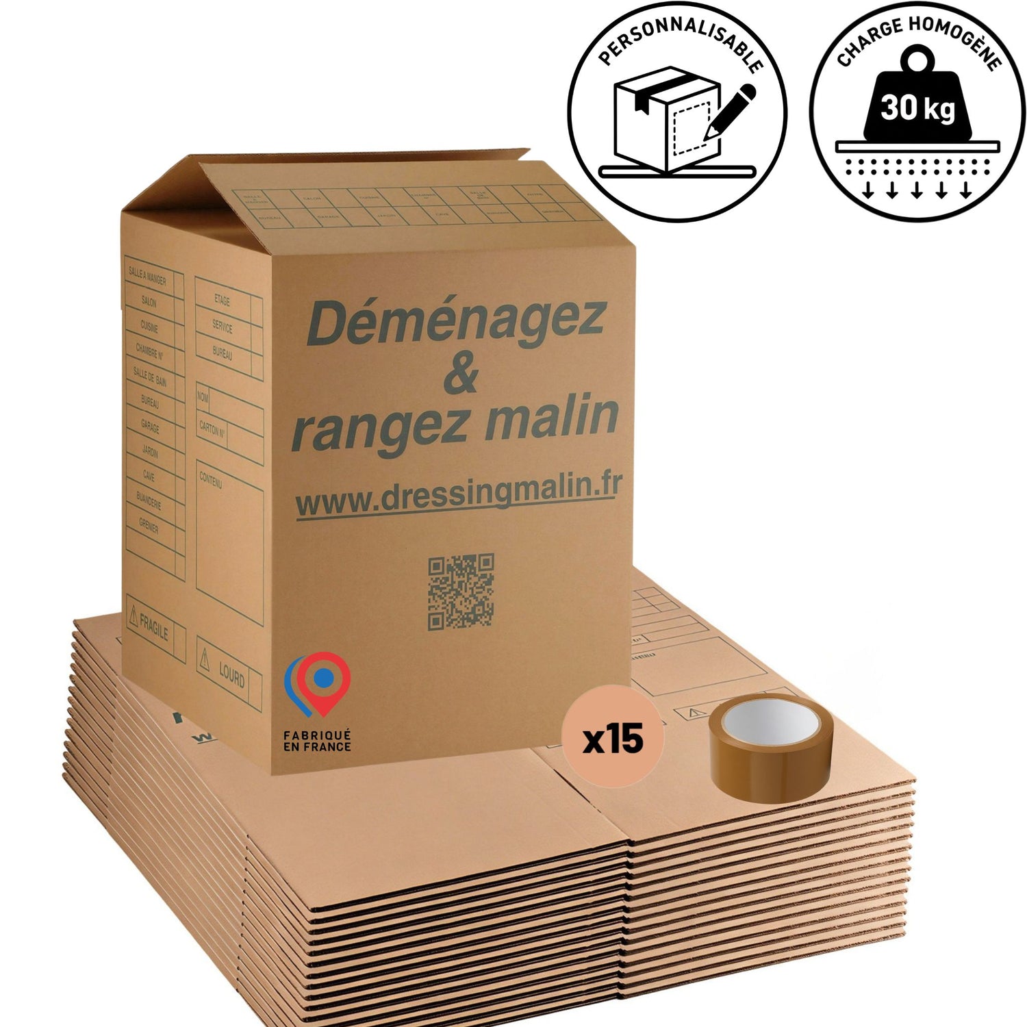 Lot de 15 cartons grand volume 114L 45x45x56,5 cm double cannelure + adhésif offert – Spécial déménagement