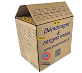 Carton de déménagement multi-usage, format livre 34x26x32 cm, capacité 28 litres, simple cannelure, robuste et fabriqué en France, idéal pour le stockage et le transport.