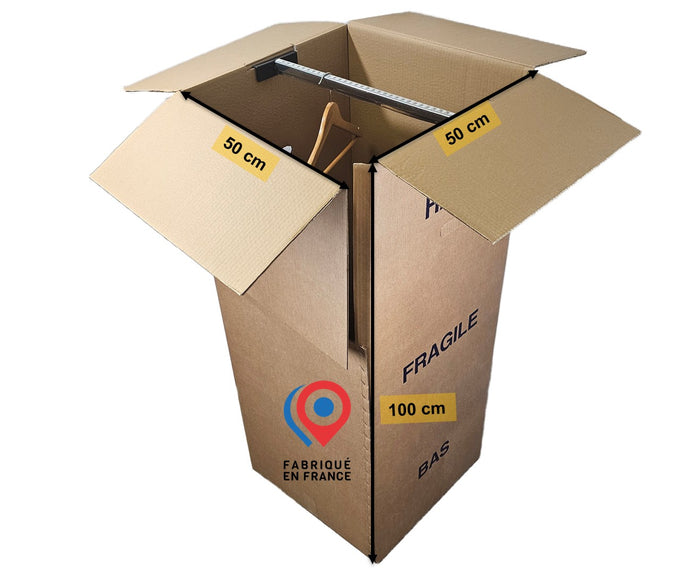 Carton penderie 250L, dimensions 50x50x100 cm, capacité jusqu’à 30 cintres, idéal pour transporter et protéger vos vêtements lors d’un déménagement.