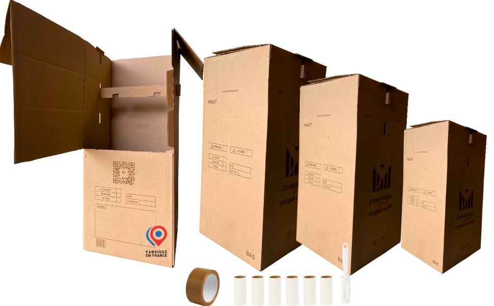 Lot de 3 cartons penderie réglables en hauteur avec tringle carton et set de 6 brosses adhésives pour vêtements