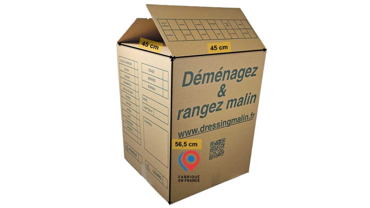 Carton grand volume renforcé 114L, parfait pour transporter ou stocker des objets encombrants en toute sécurité.