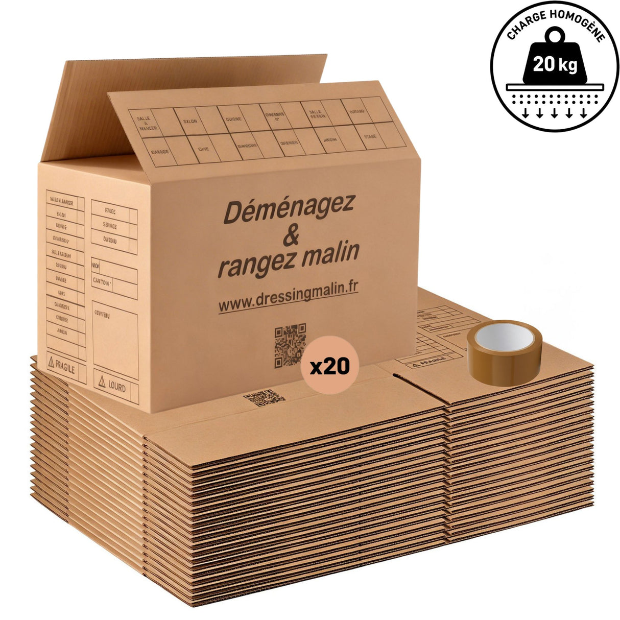 Lot de 20 cartons 2 eme choix 55x35x30 cm + rouleau adhésif havane