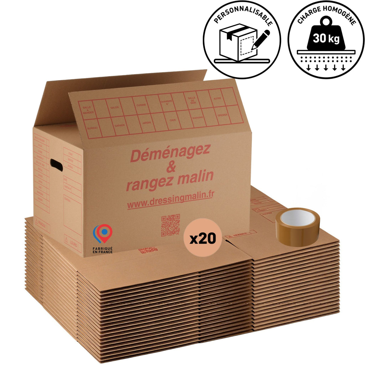 Lot de 20 cartons standard double cannelure avec poignées – 55x35x30 - 57L + adhésif offert