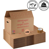 Lot de 20 cartons standard double cannelure avec poignées – 55x35x30 - 57L + adhésif offert