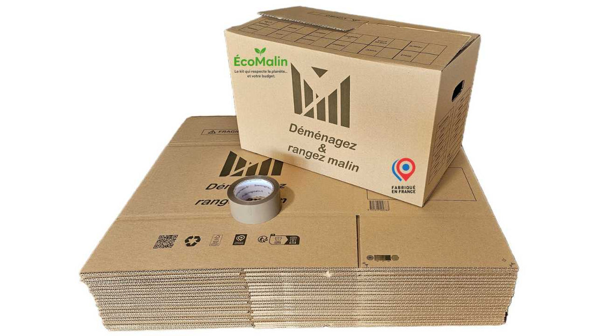 Lot de 20 cartons 50×30×30 cm renforcés avec poignées + rouleau adhésif – parfaits pour déménagement ou stockage.