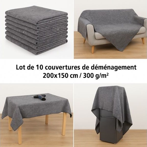 Lot de 10 Couvertures de Déménagement 200x150 cm – 300 g/m² – Protection Meubles et Objets Fragiles