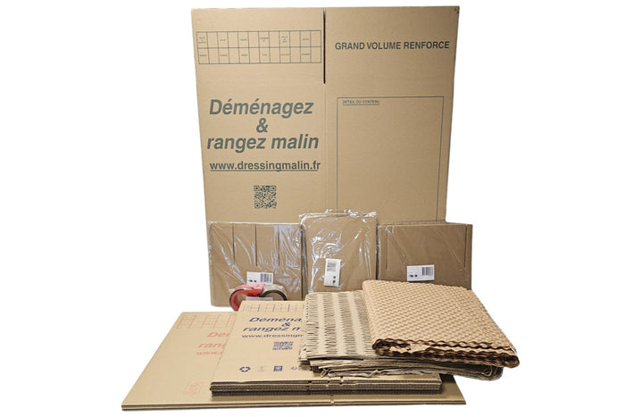 Kit de déménagement pour cuisine CuisinKit – avec cartons, papier bulle, séparateurs et protections pour vaisselle, verres, ustensiles et plats fragiles.