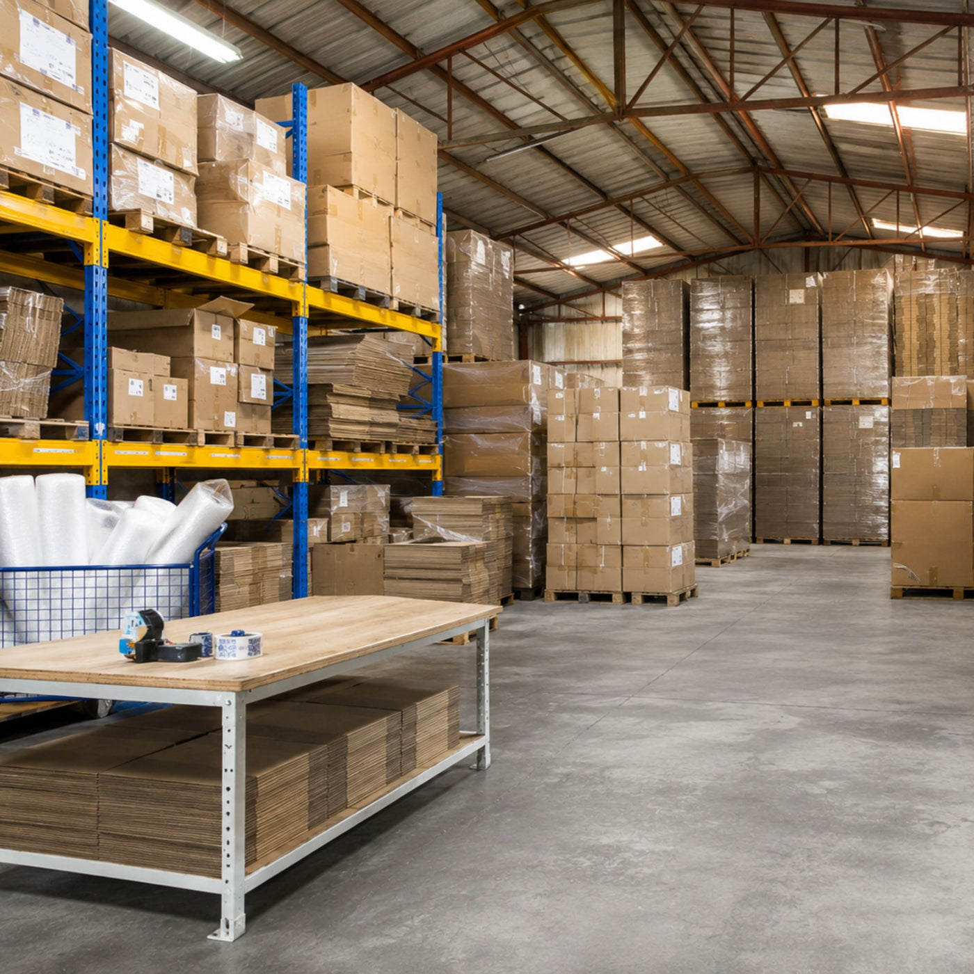 Intérieur de l’entrepôt Dressing Malin : racks de palettes, cartons à plat et table de préparation des commandes