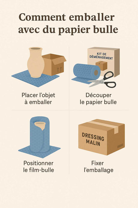 les étapes pour emballer un objet avec du papier bulle bleu.