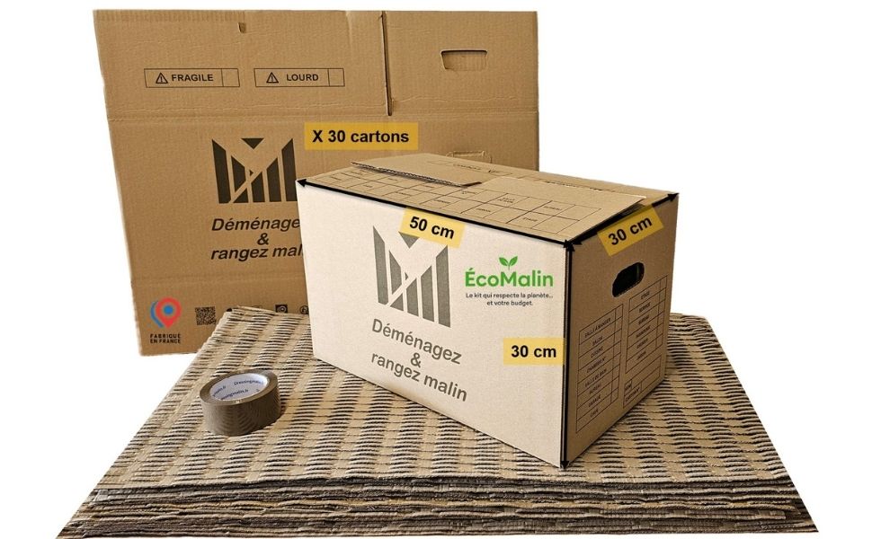 Kit déménagement T2 avec 30 cartons, rouleau adhésif et tapis de calage écolo – complet, solide et pratique.