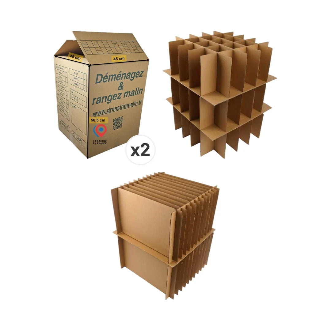 Kit de déménagement avec 2 grands cartons renforcés 114L, séparateurs pour 75 verres et 24 assiettes