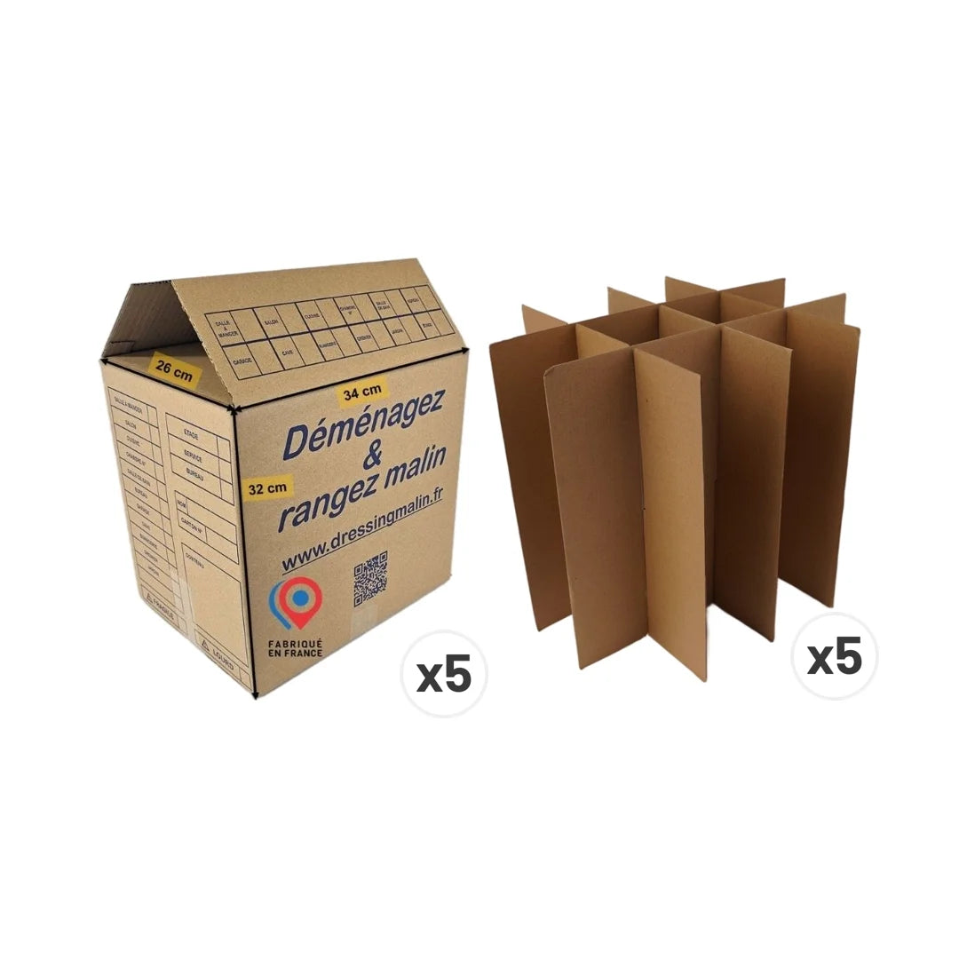 Lot de 5 cartons livres 34x26x32 cm en simple cannelure avec croisillons – 60 bouteilles