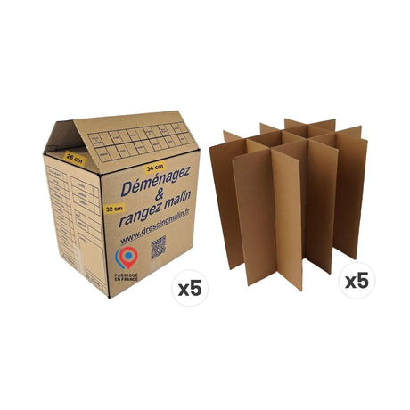 Lot de 5 cartons livres 34x26x32 cm en simple cannelure avec croisillons – 60 bouteilles