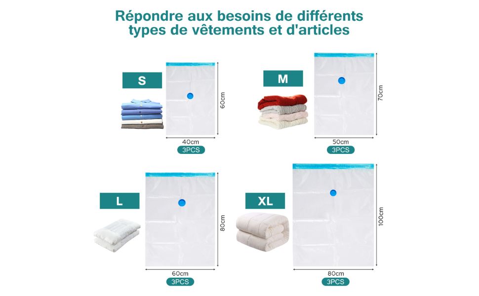 Lot de 12 housses sous vide avec pompe – 4 tailles pour vêtements, linge, couettes, accessoires.