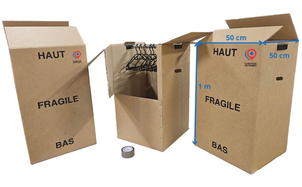 Lot de 3 Cartons Penderie 50x50x100 cm avec Tringles – Fabriqués en France + 1 Rouleau Adhésif & 10 Cintres Offerts | Déménagement Vêtements, Rangement, Robuste amz