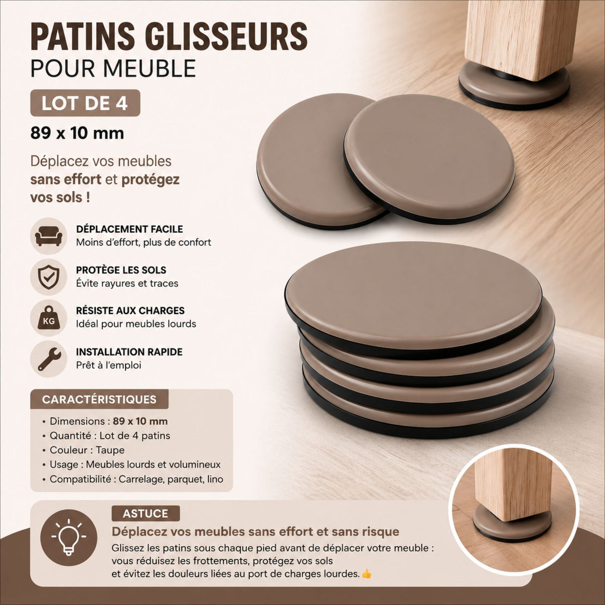 Lot de 4 patins glisseurs pour meubles – déménagement