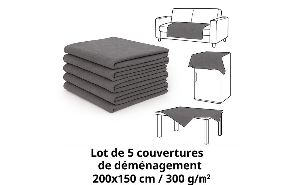 5 couvertures de déménagement épaisses – idéales pour protéger meubles et objets fragiles pendant le transport.