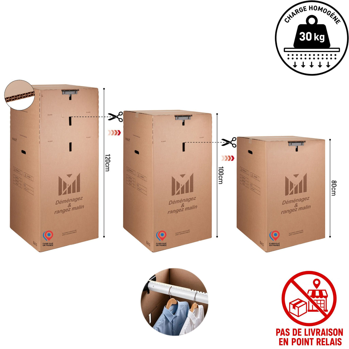 Carton déménagement penderie réglable 3 en 1 AVEC TRINGLE