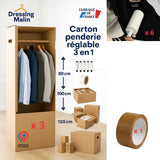 Lot de 3 cartons Penderie double cannelure Modulable 50x50x120 cm – 300L avec tringle + 6 brosses adhésives + 1 rouleau adhésif