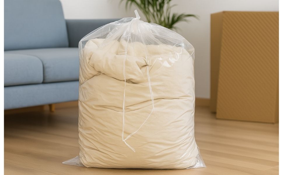 Sac fourre-tout 150 L avec lien, idéal pour transporter linge, couettes, jouets ou objets volumineux.