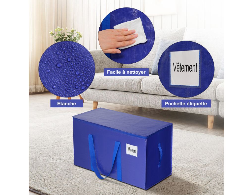 Sac bleu avec étiquette pour identifier le contenu, facile à nettoyer et 100 % étanche