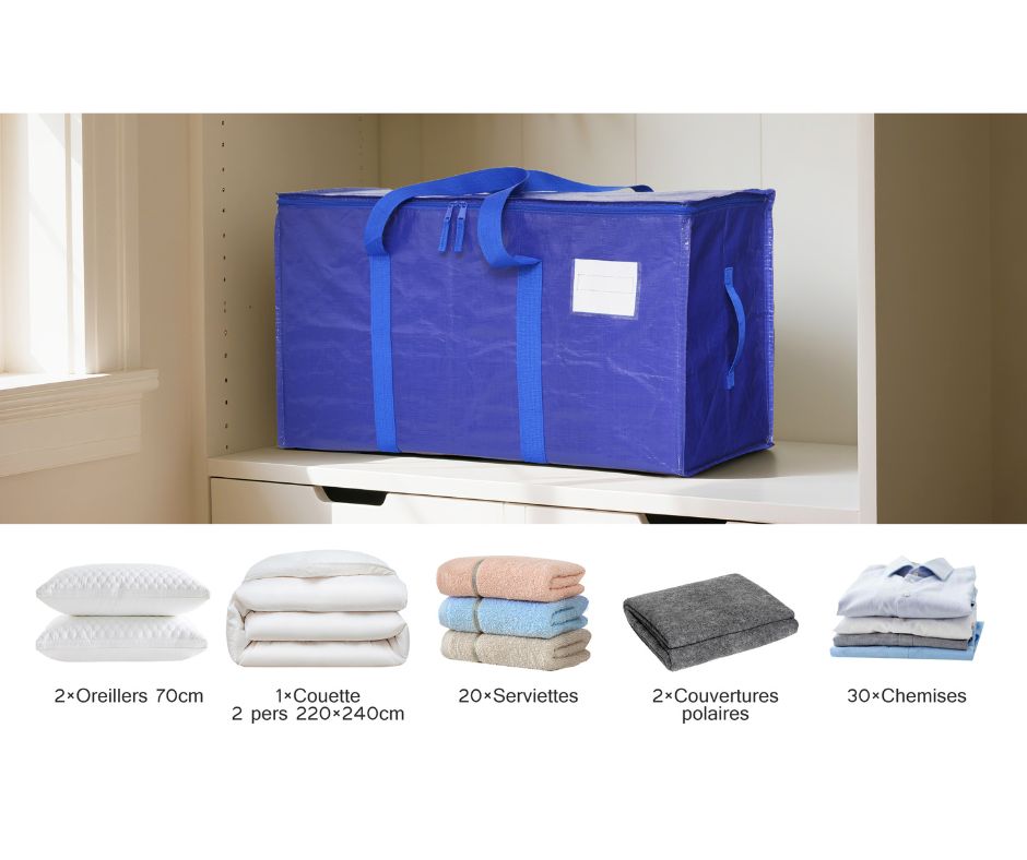 Sac de rangement bleu illustrant sa capacité à contenir une couette, 2 oreillers, 20 serviettes, 2 couvertures polaires et 30 chemises