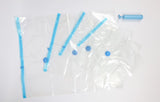Set de 12 housses sous vide avec pompe (tailles Maxi, L, M, S), blanc et bleu, idéal pour compacter et protéger vêtements, couettes et linges lors du rangement ou du déménagement.