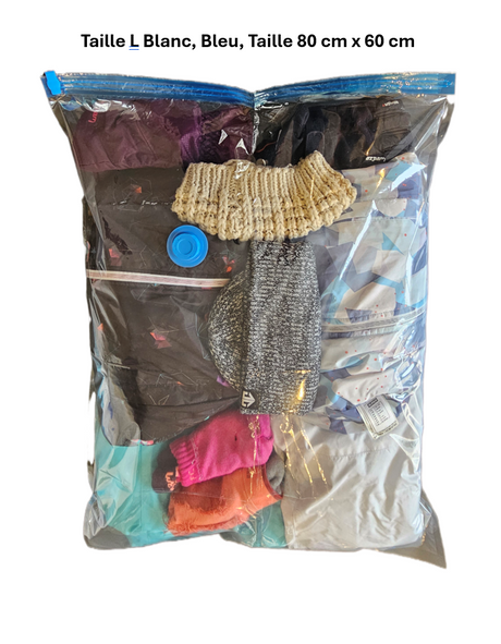 Set de 5 housses sous vide avec pompe manuelle, taille L (80x60 cm), blanc et bleu, idéal pour compacter et protéger vêtements, couettes et linges lors du rangement ou du déménagement.