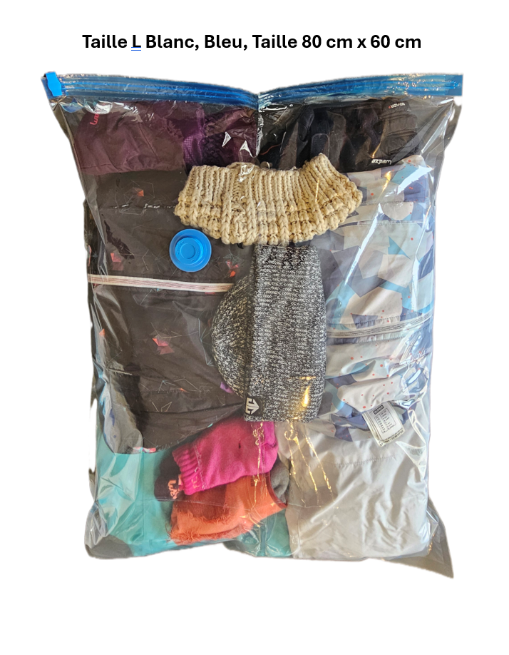 Set de 12 housses de rangement sous vide avec pompe, (3 maxi, 3L, 3M, 3S), Blanc et bleu avec pompe