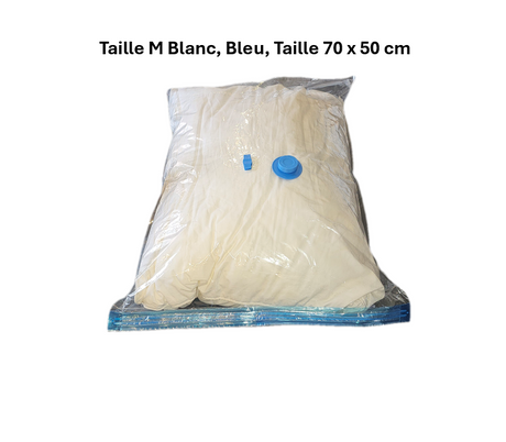 Set de 5 housses sous vide avec pompe manuelle, taille M (70x50 cm), blanc et bleu, idéal pour compacter et protéger vêtements, couettes et linges lors du rangement ou du déménagement.
