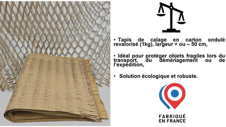 Tapis de calage 5 kg en carton revalorisé, largeur 50 cm, couvre 20 m² étiré – protection écologique et économique