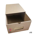 Boîte de rangement en carton kraft 32×22×14 cm avec tiroir, fenêtre et encoche demi-cercle en haut, idéale pour chaussures et accessoires.