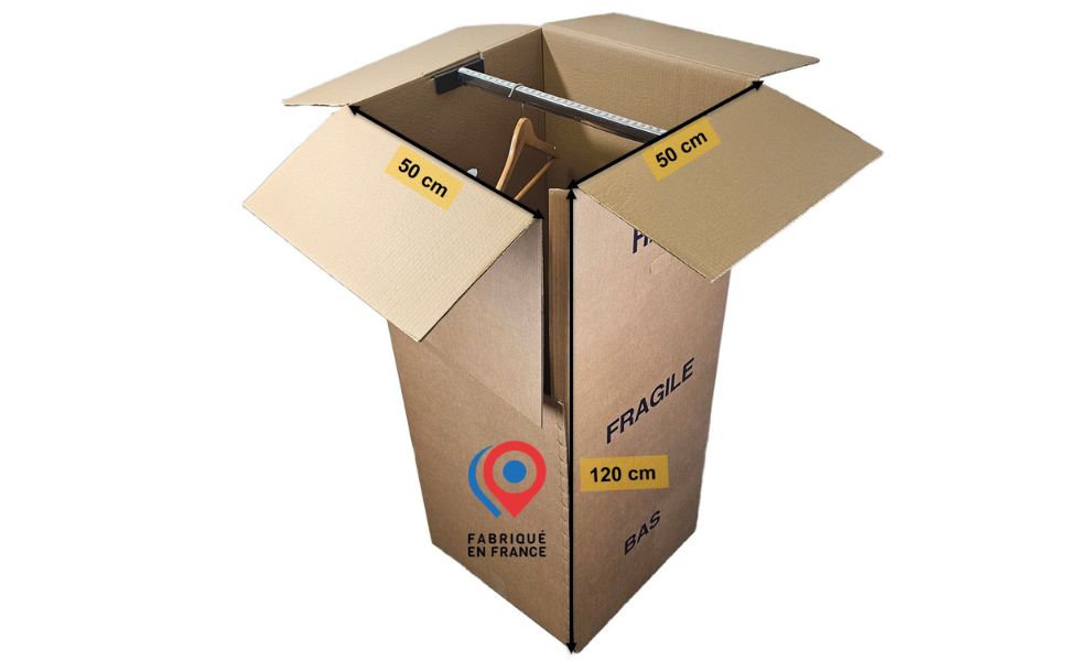 Carton penderie 50x50x120 cm avec tringle plastique, 300 litres, pour vêtements longs sur cintres